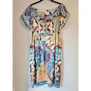 Y2K ECI N.Y. Silk Gold Teal Brown Floral Geometric Babydoll Dress Sz 14 Large
